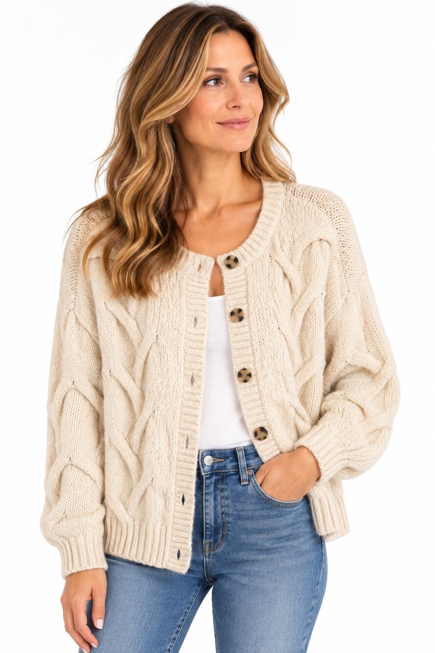 Madewell M Cream Cable Knit Cardigan Sweater Wool Blend Chunky Button Front M